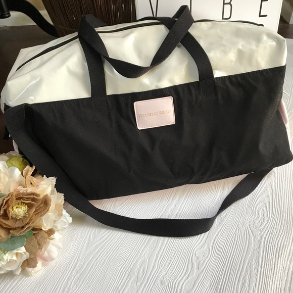victoria secret pink black and white duffle bag